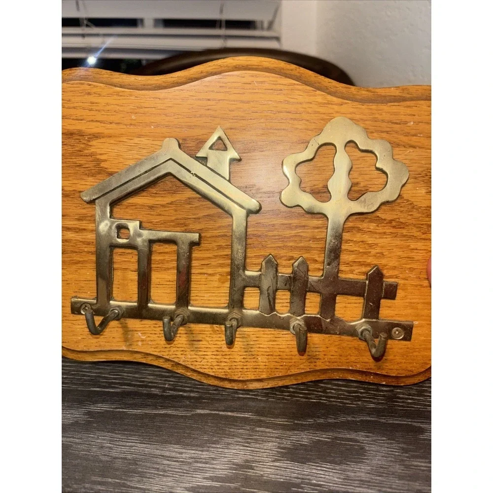 Brass House Home Tree Fence Shaped Key 5 Hook Ring Holder Wall Hanging On Board